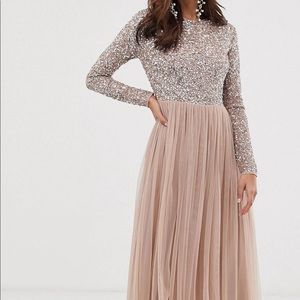 Long sleeve taupe/pink gown